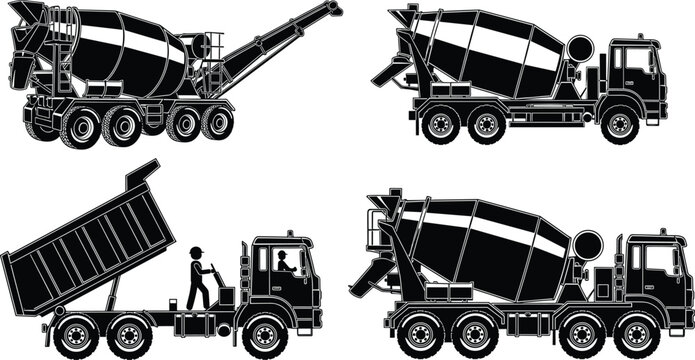 Set of heavy construction vehicle silhouettes including concrete mixer trucks with chutes and a dump truck with a raised tipper bed