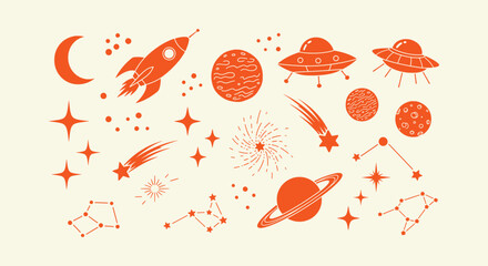 Retro hand drawn space element set with planets rockets stars and constellations in orange color © Vectorus