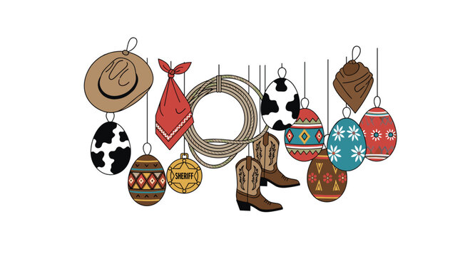 A diverse collection of Western-themed ornaments including cowboy hats and boots hangs alongside intricately patterned Easter eggs from thin strings on a white background.