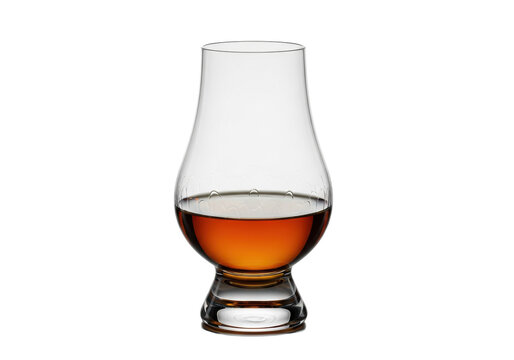 pristine, hyper-detailed glencairn crystal nosing glass filled with aged scotch, showing deep amber color and precise rim lighting, against a minimalist transparent studio background. concept for
