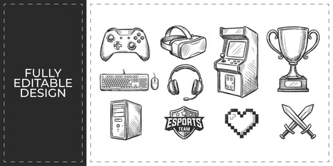 Video Gaming and Esports Hand Drawn Vector Icon Collection with Gamepad Controller Arcade Console Trophy and Headset for Gamer Streamer and Entertainment Concepts © Ashik  Khan