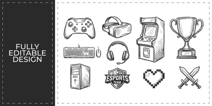 Video Gaming and Esports Hand Drawn Vector Icon Collection with Gamepad Controller Arcade Console Trophy and Headset for Gamer Streamer and Entertainment Concepts
