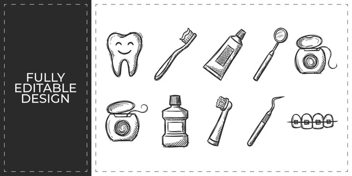 Dental Care and Dentistry Hand Drawn Vector Icon Collection with Tooth Toothbrush Toothpaste Floss and Mirror for Dentist Clinic and Oral Hygiene Health Concept Illustrations