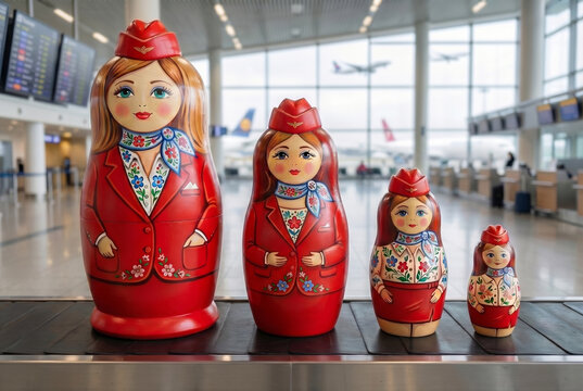 Russian nesting dolls dressed as flight attendants against an airport backdrop
