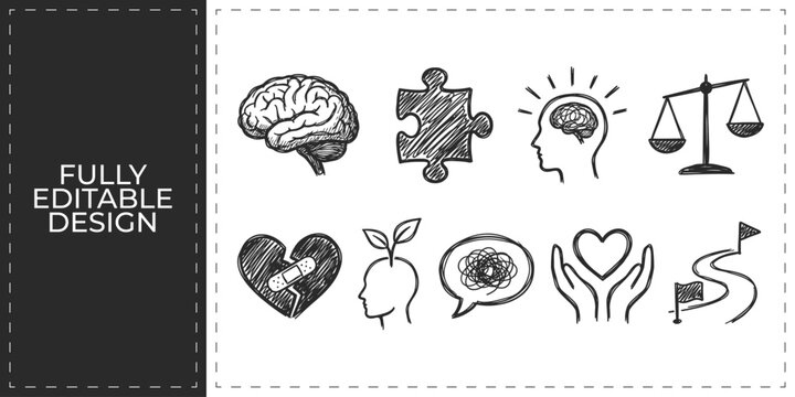 Mental Health and Psychology Doodle Vector Icon Set Featuring Brain Puzzle Head with Gears and Broken Heart for Therapy Mindset and Emotional Well Being Concept Designs