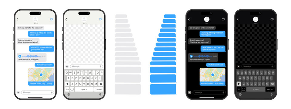 Mobile Chat UI Mockup Vector Set &ndash; Smartphone Messaging App Screens with Keyboard, Live GPS Sharing, Voice Messages, Light and Dark Mode Conversation Templates