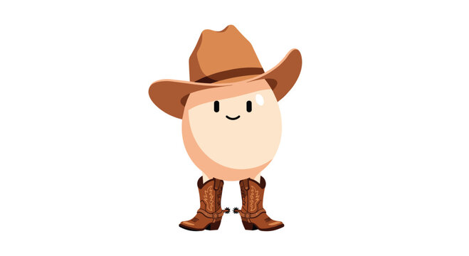 A cute egg character with a smiling face wears a classic brown ten-gallon hat and ornate western boots with spurs against a clean white background.