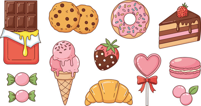Cute sweets and dessert collection with chocolate cookies donut ice cream croissant candy strawberry cake and macaron vector illustration