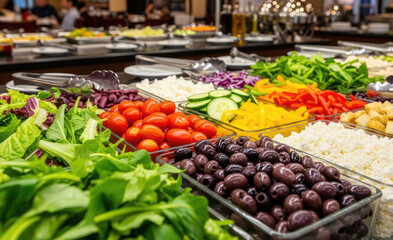 Obraz premium Colorful salad bar with fresh lettuce, spinach, cherry tomatoes, cucumbers, olives, shredded carrots, peppers and cottage cheese for self-serve dining. Healthy eating concept.
