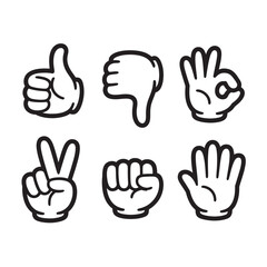 Fototapeta premium Cartoon hand gestures collection including thumbs up and victory sign.