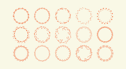 Set of 15 orange hand-drawn circular wreaths with floral botanical and star constellation motifs. © Vectorus