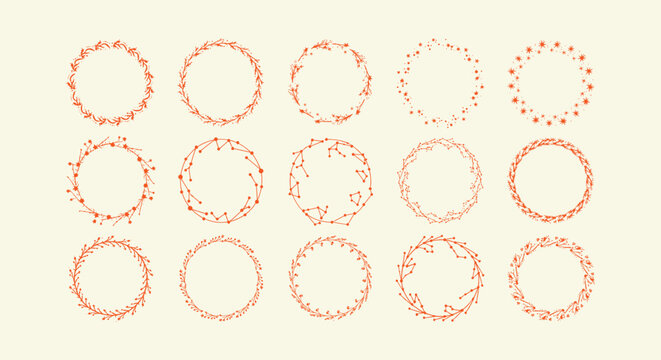 Set of 15 orange hand-drawn circular wreaths with floral botanical and star constellation motifs.