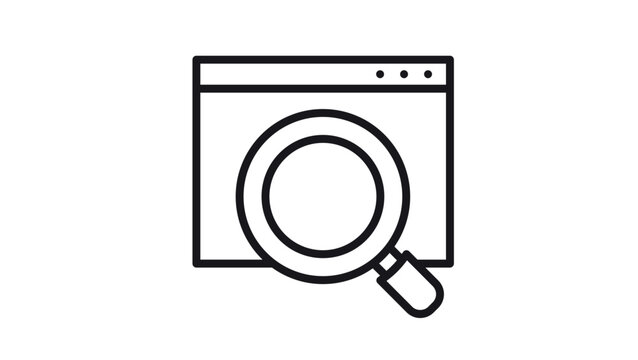 Black line vector icon of a web browser window with a magnifying glass, symbolizing internet search, SEO analysis, web browsing, and data discovery, isolated on a white background illustration.
