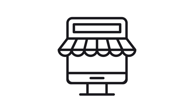 Online shopping vector icon illustration featuring a computer monitor with a striped storefront awning, representing e-commerce, digital marketplace, retail business, and web store concepts.