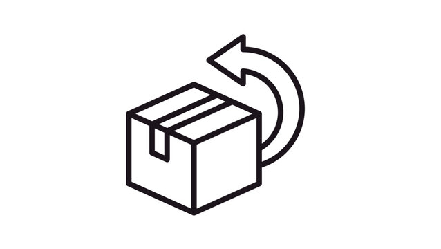 Return package vector icon illustration. Black line symbol of a cardboard box with a curved back arrow representing product exchange, refund policy, and shipping logistics for e-commerce.