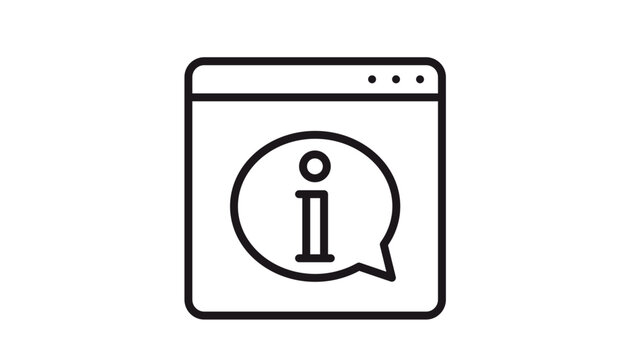 Black vector icon of a web browser window featuring an information speech bubble symbol. Minimalist line art illustration for website help, online support, digital assistance, and info pages.