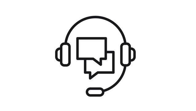 Black line vector icon of a headset with speech bubbles, representing customer support, call center services, online communication, technical assistance, help desk consultation, and feedback.
