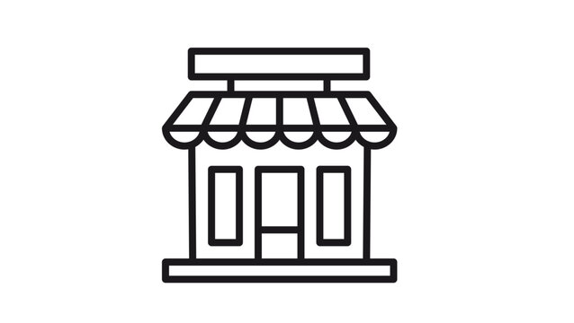 Minimalist black line vector icon of a storefront or shop building with a striped awning, display windows, a door, and a sign on top, isolated on white for retail and commerce graphic design.