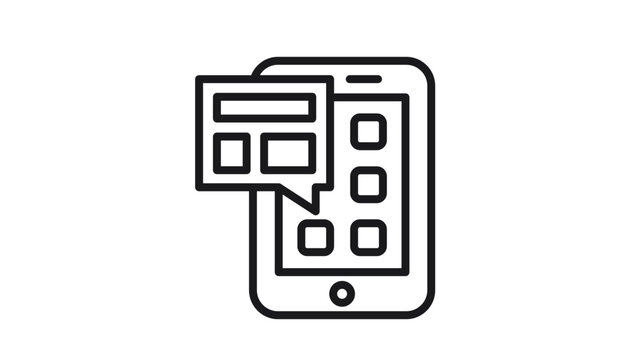 Minimalist black line vector icon of a smartphone with a news notification or message bubble popping out, representing mobile news apps, digital communication, and social media alerts.