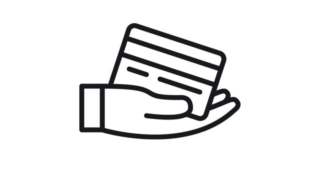 Minimalist black vector icon illustration of a human hand holding a credit card or debit card, representing electronic payment, banking services, financial transactions, and secure commerce.