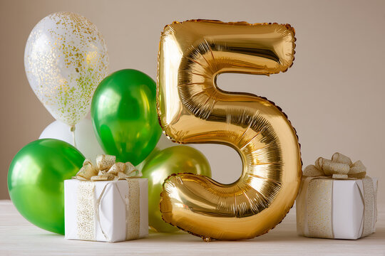 Five balloon and gift setup for birthday celebration with gold number and green theme