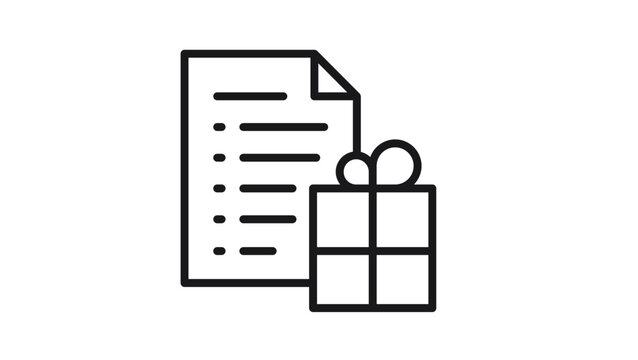 Minimalist black line vector icon illustration of a gift wishlist or registry document with a present box, symbol for shopping lists, holiday planning, and gift ideas on white background.