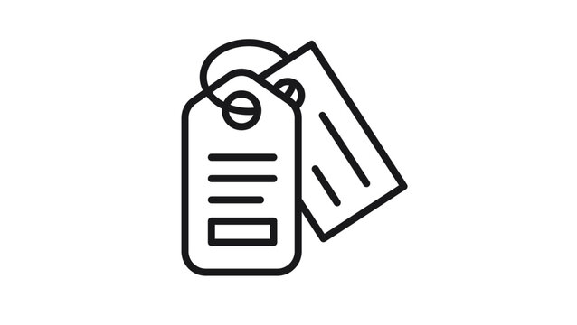 Minimalist black line vector icon illustration of two hanging price tags or product labels connected by a string, symbolizing retail, shopping, discounts, sales, and pricing information.