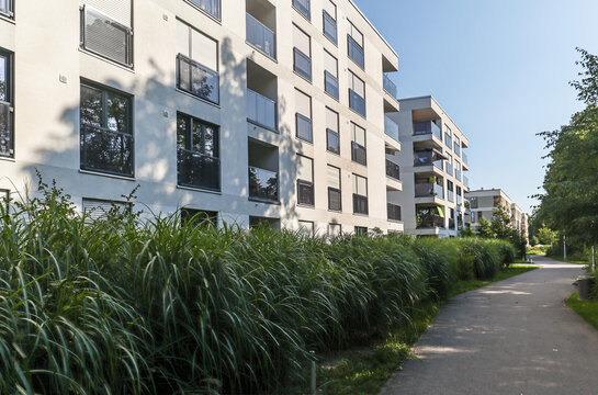 Cityscape of a residential area with modern sustainable apartment buildings, new green urban landscape in the city