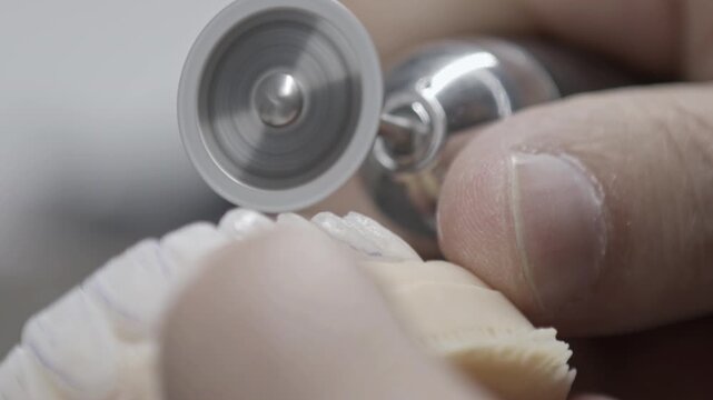 Expert technician performing delicate polishing on a dental bridge. Showcases craftsmanship in creating realistic dental implants and veneers.