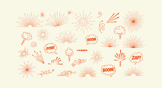 Vintage Orange Sunburst Boom Pow Zap Speech Bubbles and Comic Style Vector Graphic Design Elements