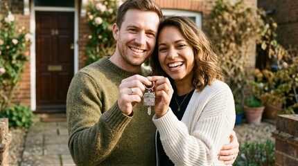 Fototapeta premium Happy young couple holding new house keys in front of home