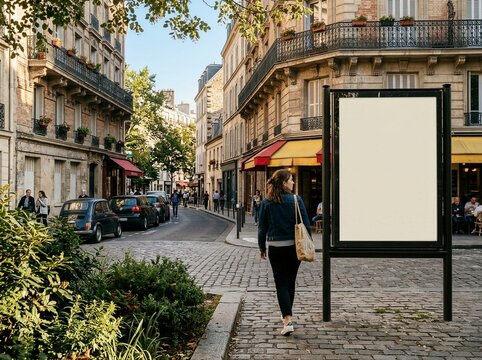 Blank billboard in european city street with woman walking