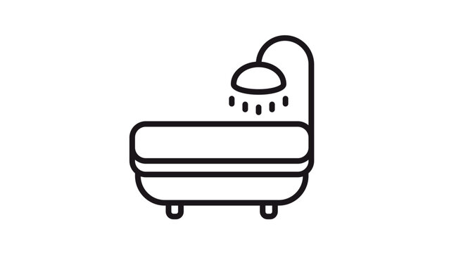 Bathtub with shower head vector icon, minimalist black line art illustration of a bathroom fixture for hygiene, self-care, and home interior design, scalable graphic symbol on white background.