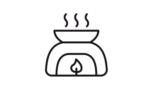 Aroma lamp vector icon illustration for aromatherapy and home fragrance. Minimalist black line art of an essential oil burner with a candle flame and rising steam for spa and wellness branding.