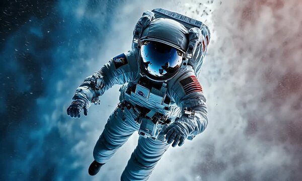 Astronaut floating through space with helmet on in zero gravity environment wearing suit