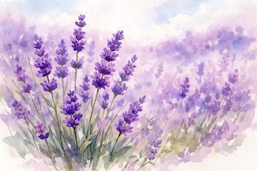 Fototapeta premium Purple lavender flowers in a field watercolor painting purple flowers floral