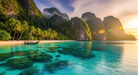 Obraz premium Idyllic tropical beach scene with turquoise waters palm trees and mountain backdrop