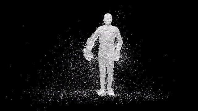 A 3D animated character performs a sword dance with dynamic water splash effects. The clip ends with an alpha matte, making it suitable for creative projects, entertainment, or digital media use.