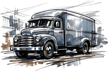 Fototapeta premium Vintage dark gray delivery truck on city street with power lines vintage truck dark gray truck