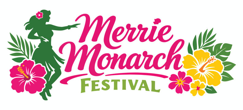Merrie Monarch Festival logo artwork with elegant hula dancer silhouette, grass skirt gesture, flower accents and pageant mood, celebrating Hawaiian dance culture