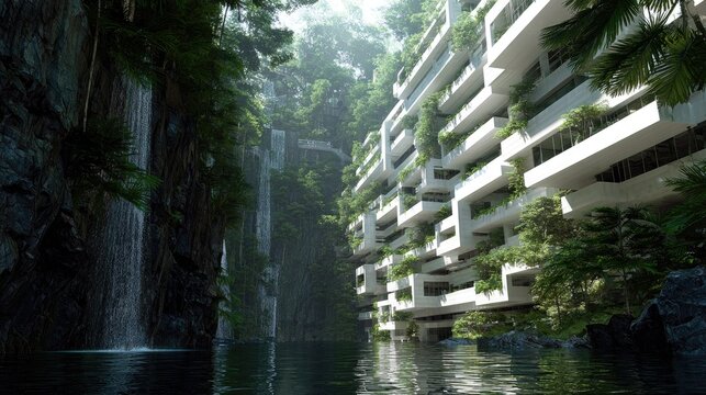 Modern dwelling structure integrates seamlessly into a dense, lush jungle canyon beside cascading waterfalls