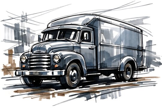 Vintage dark gray delivery truck on city street with power lines vintage truck dark gray truck