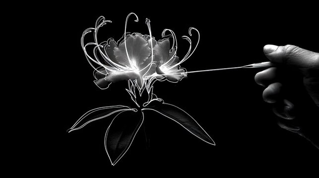 Illuminated outline of a detailed blossom interacts with a thin instrument held by a human hand against a deep black background