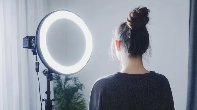 A woman with her back to the camera stands in front of a ring light on a transparent background