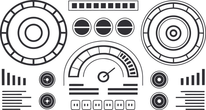 Futuristic hud dashboard with gauges, data charts, and circular interface