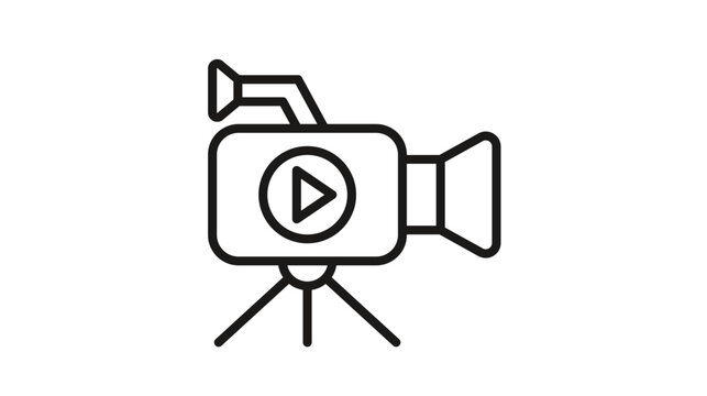 Professional video camera on a tripod with a play button symbol, black line vector icon illustration for cinema, film production, media recording, digital broadcasting, and movie studio.