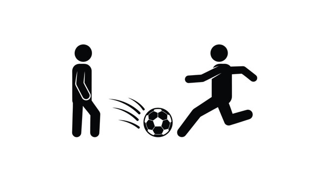 Two black stick figures illustrate a simplified game of football with one figure kicking the ball.