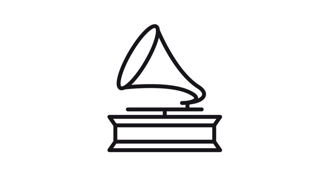 Minimalist black vector icon of a vintage gramophone or phonograph, classic music player award symbol illustration, scalable graphic for retro audio design, entertainment, and record industry.