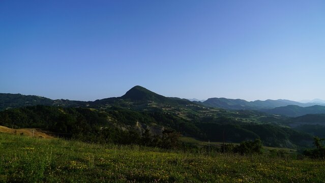 Panorama of Valestra mount and the mountains of the Emilia hills seen from Baiso, Reggio Emilia, Emilia Romagna, Italy