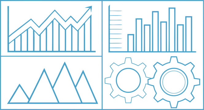 Four quadrant business data visualization set with charts and gear in blue line style